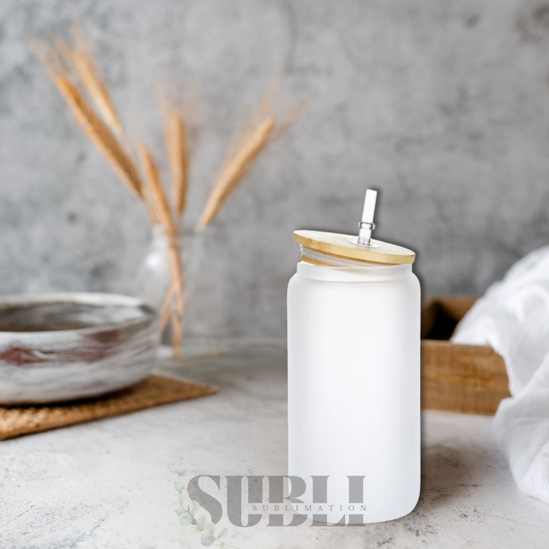 500ml Frosted Glass Cup with Bamboo Lid & Straw – Sublimation Ready